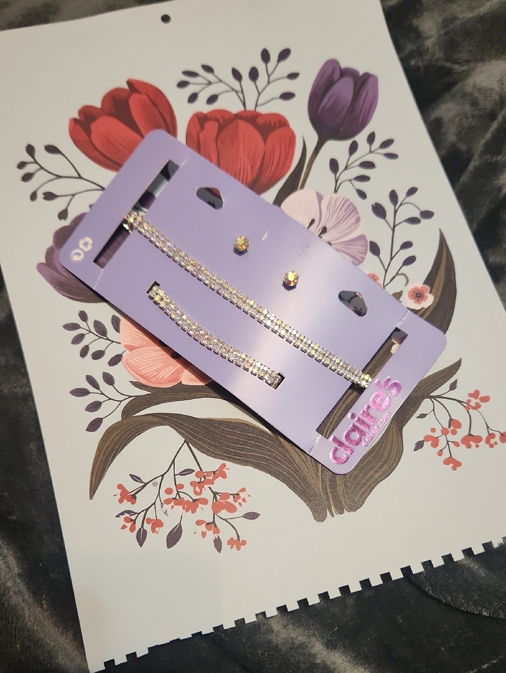 Claire's Silver Crystal Necklace Bracelet and Stud Earrings on Lavender Card